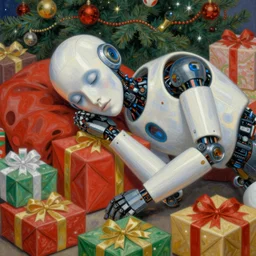 a fobot from the future asleep at christmas. surrounded by gifts. high quality detailed face. beautiful painting by artgerm and greg rutkowski and alphonse mucha