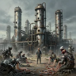 airbrusheds muted color of abandoned refinery, overrun with blood machines & chrome noodles, donato giancola, geof darrow, alex ross, basil gogos, philippe druillet, fine art masterpiece baked at 3 0 0 f, matte painting, cold lighting, aged with sunlight, award winning horror, photorealistic render, cinematic
