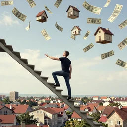 a man, climbing the endless stairs, to the sky full of house and money, gediminas pranckevicius