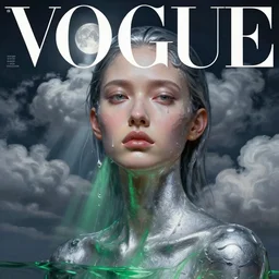 3 d, close - up, clouds, moon rays, frown fashion model, night, liquid silver and green water, vogue cover style, poster art, hyper detail, intricate oil painting, multiple exposure, morning mood, 3 d, by tooth wu and wlop and beeple and greg rutkowski