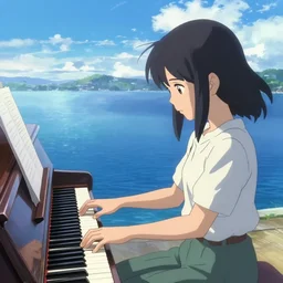 Anime girl playing piano on blue water, long!! distance camera, wide angle, landscape, Cushart Krenz, Shinkai Makoto, lots of details, extremely detailed, 4k