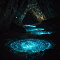 a dark cave with glowing bio - luminescent pools, clear focus, bokeh effect, high res, hasselblad, dramatic, epic, professional, cinematic