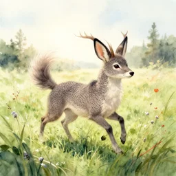 feral chia pet in the meadow. russian fairytale art, watercolor, dynamic composition, backlighting