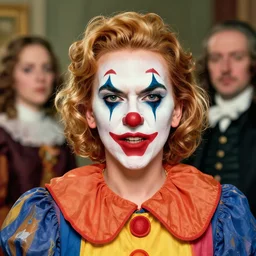colorful portrait of scarlett johanson as angry clown, by sandra chevrier and anthony van dyck, artstation, illustration, comic book, polychromatic - colors, insanely detailed and intricate, hypermaximalist, elegant, ornate, hyper realistic, super detailed