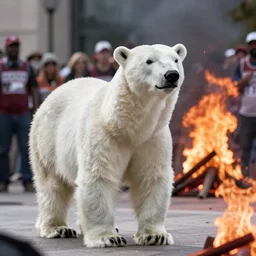 polar bear dressed at the george floyd riots in minneapolis, lots of fire, photo
