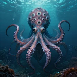 lovecraftian whale octopus from the deeps with 1 0 0 0 eyes, 8 k, ultra wide angle, symmetric, pincushion lens effect, trending on artstation, zenith view, greg rutkowski, kim jung gi