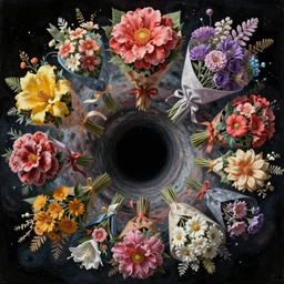 An epic fantastic realism comic book style painting of the most beautiful flowers launched into space, bouquets, everything being pulled into a black hole, fisheye, unreal 5, DAZ, hyperrealistic, octane render, dynamic lighting