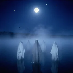ghosts in the middle of lake, fog, birds, moon rays through the fog, night sky, yellow stars, deep blue mood, by stanley kubrick