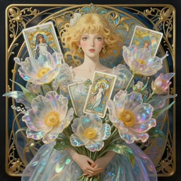 sophie howl's moving castle, rococo and art nouveau fusion, iridescent diaphanous refractive and reflective flower bouquet, tarot card, highly detailed, deep focus, elegant, digital painting, smooth, sharp focus, illustration, ultra realistic, 8 k, art by artgerm and alphonse mucha
