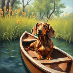 a brown dachshund sitting in a wooden canoe, painting, oil on canvas, adorable, beautiful environment, wide angle shot