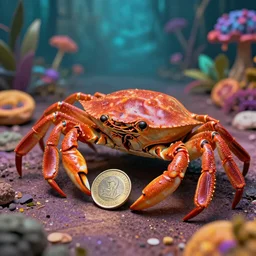 psychedelic crab pinching a coin