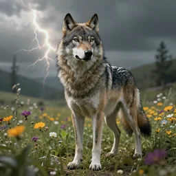 A high fantasy wolf girl standing in the middle of the field of flowers, by Eddie Mendoza, full shot, official media, beautiful, detailed, high quality, wallpaper 4K, epic, trending on artstation and behance, dynamic lightning