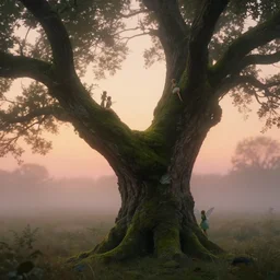 fairies on a mossy tree, early morning, sunset, misty, volumetric lighting, matte painting, artstation