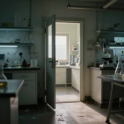 a derelict science laboratory with an open door with light shining in spilling out on the floor. highly detailed photography dlsr bokeh. flickr, deviantart,