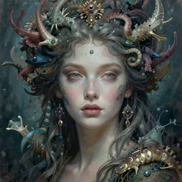 portrait of a beautiful ocean goddess, graceful, esoteric, muted colors, head in focus, fantasy art, ocean life aesthetics, intricate, elegant, highly detailed hyperrealistic painting, artstation, concept art, painterly, sharp focus, illustration, epic art by hans jokem bakker