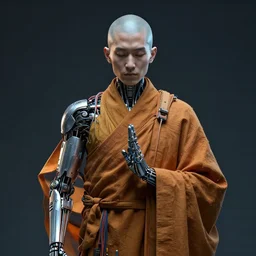 cybernetic monk covered in wires and cables