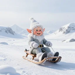 happy and cheerful snow elf sledding in arctic hills, pure white hazy overcast skyvolumetric light, hyperdetailed, arstation, cgsociety, 8 k