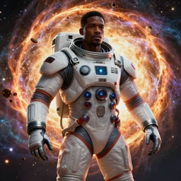 cinematic action shot handsome black man in an advanced spacesuit in front of exploding nebulae halos, digital illustration trending on artstation by artgerm and rutkowski