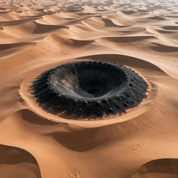 desert landscape photo of a round black crater in the shape of a pupil surrounded by sand dunes in the shape of an iris, drone photo