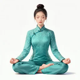 girl, asian, meditating in lotus position, full body, teal suit, intricate, elegant, highly detailed, artstation, sharp focus, illustration, ruan jia, mandy jurgens, rutkowski, mucha