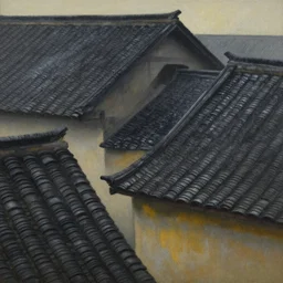 painting by peter elson of structures with tile roofs, and peaked wooden roofs, structures blackened to some degree by a patina of soot. structures darkest at the top, where the ash gathered, but rainwaters and evening condensations had carried the stains over ledges and down walls in an uneven gradient.
