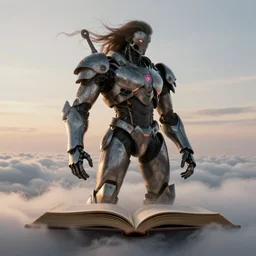 portrait of epic anthropomorphic book cyborg neon armor, in clouds, cinematic studio light, windy, sunrise, by gerald brom, by mikhail vrubel, by peter elson, muted colors, extreme detail, trending on artstation