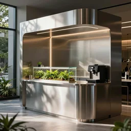 neat cannabis chilling area with bar and coffee machine, luxury interior exterior global illumination, radiant light, aluminum