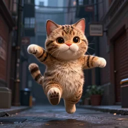 hyperrealistic detailed 3d render of a cute tabby catman jumping on a dark city alley sharp cinematic lighting vray 8k low angle shallow depth of field