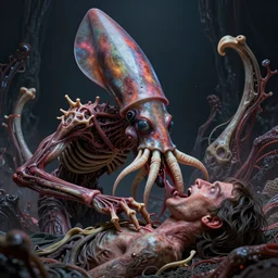 a squid monster eating a person, john carpenter body horror, eighties practical horror special effects, cosmic horror, body horror, protruding bones, trending on zbrush central, neoplasticism, lovecraftian, zbrush, biomorphic, midjourney, nightcafe