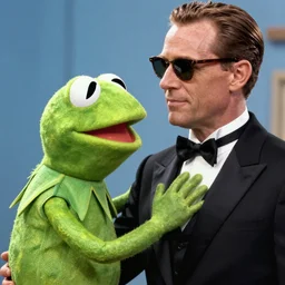 The Terminator fighting against Kermit the frog, full head, style film