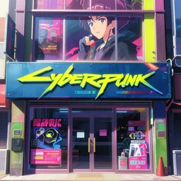 a very close up close up close up close up front on frontview of a ( ( ( cyberpunk ) ) ) shopfront facade facade with ( ( advertisements ) ), in a high definition screenshot from the anime anime film, digital painting by ( makoto shinkai ), moebius, trending on artstation