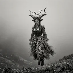 portrait photography of flying tyrolean alpine female farmer, hovering over the ground, horns on head, roots and edelweiss growing from head, clothes made from hay, desaturated, fog, witch, wicca, 1. 2 f, 3 5 mm, dark, eerie, 1 9 2 0 s ghost photography