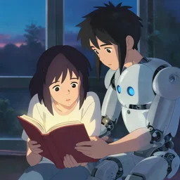 girl helping a robot learn to read, scenic full shot, ambient lighting, detailed face, by makoto shinkai, stanley artgerm lau, wlop, rossdraws