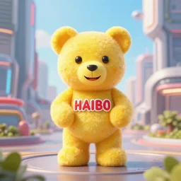 portrait of haribo bear in future city, color and shape focus, cnetral composition, natural light, bloom, puff,