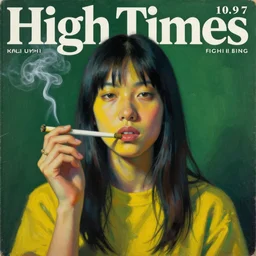 1 9 9 7 high times magazine kali uchis portrait painting, marijuana, smoke, yellow and green, by sachin teng