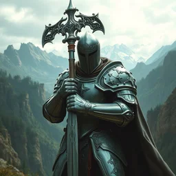 knight in silver heavy armor holding ornate claymore | mountains and cliffs in background | green | john howe | peter mohrbacher | james jean