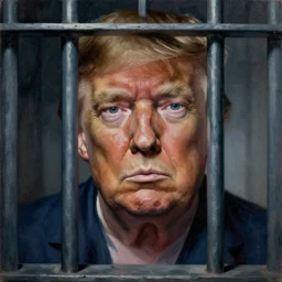 prison cell behind bars of jail gediminas pranckevicius | close up portrait of a the trump behind jail bars in the sinister valley of despair, one mouth, one nose, two eyes, oil painting by tomasz jedruszek, cinematic lighting, pen and ink, intricate line, hd, 4 k, million of likes, trending on artstation