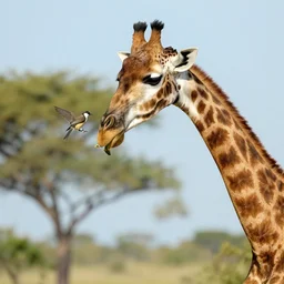 un pajaro alimentando a una girafa, national geographic, high quality, detailed