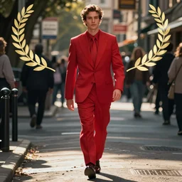 photo, a man in red suits walking on the street