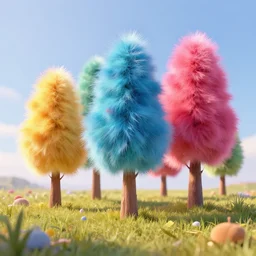 Colorful fluffy trees made of fur in a field, Blender render, volumetric lighting