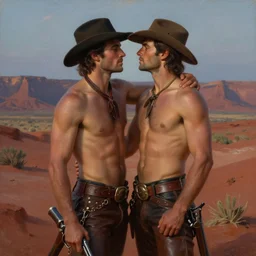 a homoerotic painting of two attractive shirtless gunslingers wearing leather and cowboy hats, they are in love, twilight red desert mesa, natural lighting, path traced, highly detailed, high quality, digital painting, by gaston bussiere, craig mullins, alphonse mucha, j. c. leyendecker