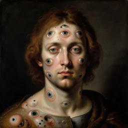 beautiful portrait of beautiful man covered with hundred eyes inside holes, embryos, by hieronymus bosch, lucid dream - like heavy atmosphere, baroque painting, perfect composition, detailed octane render trending on artstation, 8 k artistic photography, volumetric cinematic perfect light, chiaroscuro, masterpiece, raphael, caravaggio, beksinski, rutkowski