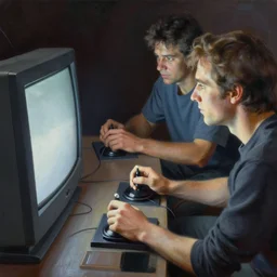 Portrait of men playing video games on CRT television using Atari joysticks. Painting by Raymond Swanland. Intricate details. hyper realism. Masterpiece.