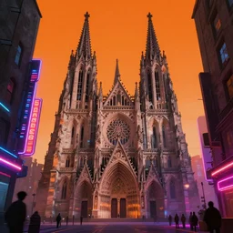 a modern gothic cathedral in an ancient city by simon stalenhag and josan gonzalez, cyberpunk, vibrant, neon signs, high contrast, orange lit sky, fuzzy details