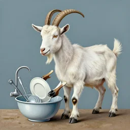 detailed modern art of a detailed goat doing the dishes
