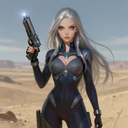 pleiadian woman with big eyes and long silver hair wearing a dark body suit and holding a plasma gun as a realistic sci fi character, portrait art by donato giancola and greg rutkowski, digital art, trending on artstation, standing in a barren field, silver hair