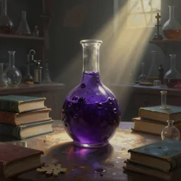 a detailed painting of a dark purple highly poisonous potion, lit by a single ray of sunlight, on a table full of books in a dusty vintage science lab, hyperrealistic fantasy art, concept matte, ethereal, dreamy, digital art, trending on arstation, volumetric cinematic lighting