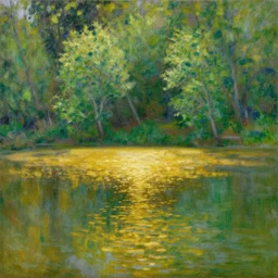 A highly detailed oil painting of a secret lake of pure gold in the middle of a very dense green forest, by Monet.
