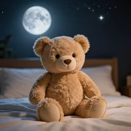 Teddybear sitting in bed photorealistic in focus moon an stars in the background dark lighting