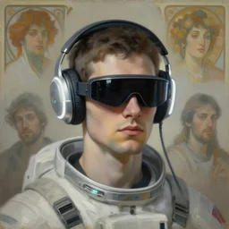 future coder looking on, compact cyclops visor over eyes and sleek bright headphoneset, neon accent lights, desaturated headshot portrait painting by dean cornwall, ilya repin, rhads, tom whalen, alex grey, alphonse mucha, donoto giancola, astronaut cyberpunk electric fashion photography